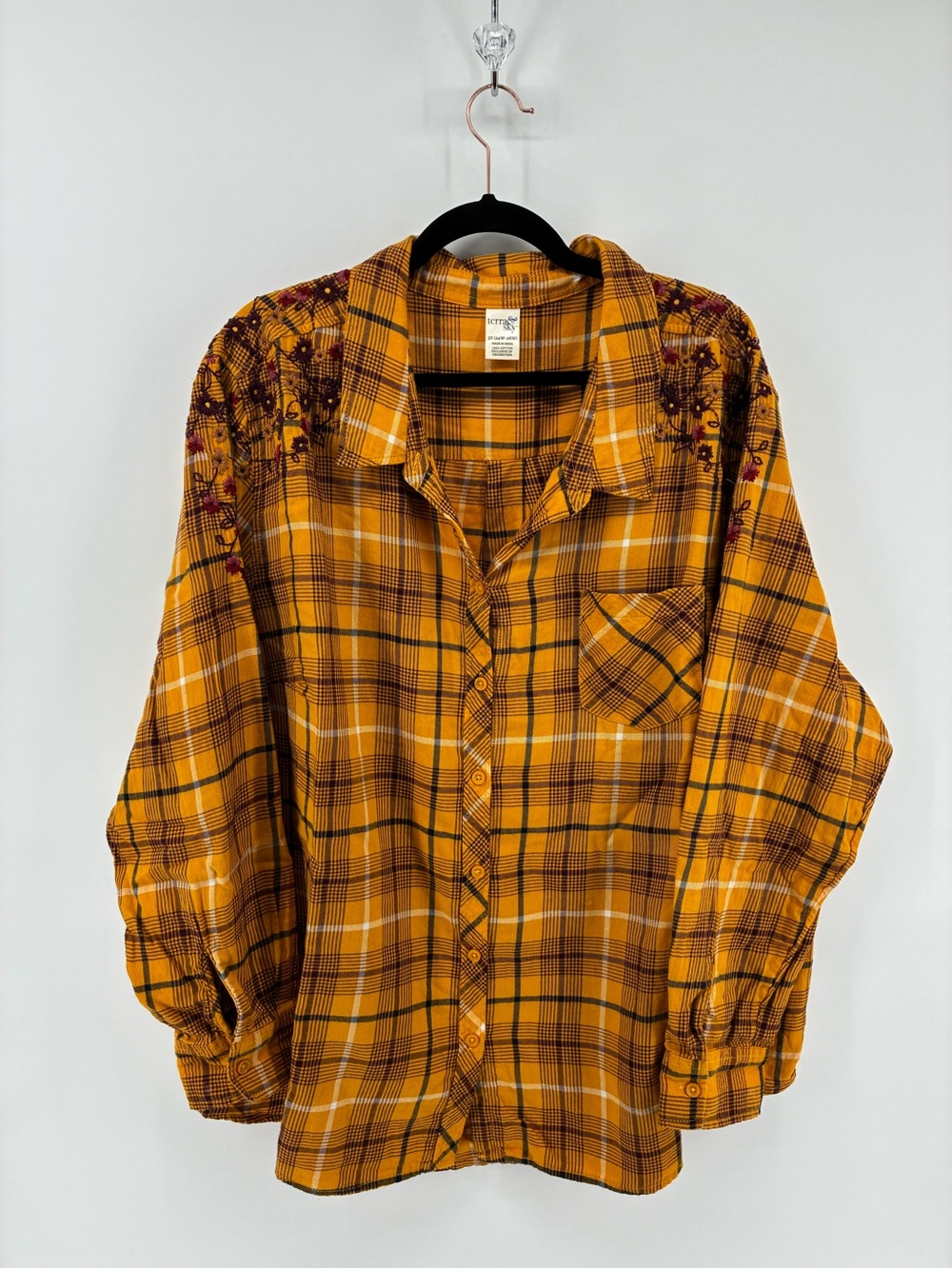 Terra & Sky Golden Yellow Plaid Long Sleeve Top Floral Embroidered Shoulders